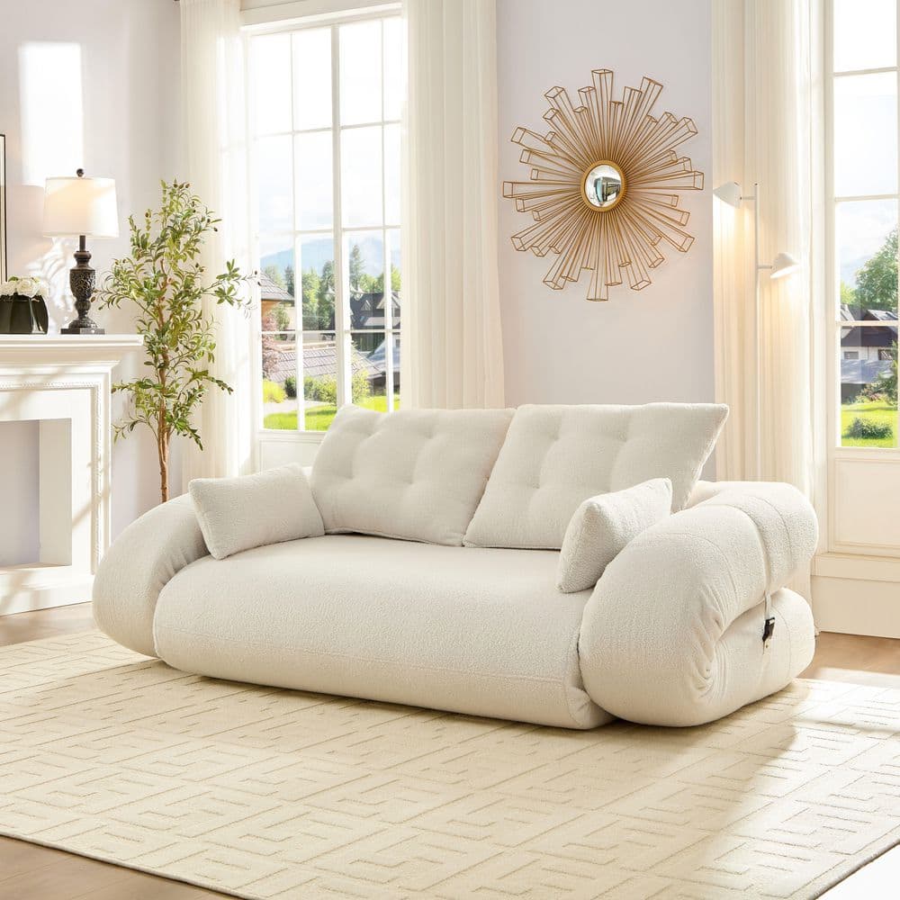 Beige 78.7 in. Multi-Functional 3-in-1 Teddy Polyester Fabric Foam-Filled F