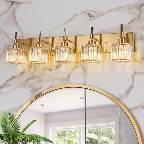 Orillia 33.1 in. 5-Light Gold Crystal Bathroom Vanity Light with Shades for Bathroom Powder Room Kitchen
