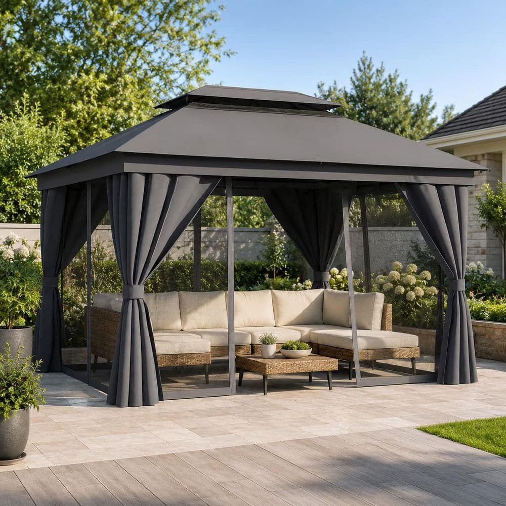 LAZZO 10 ft. x 13 ft. Gray Outdoor Patio Gazebo, Double Roof