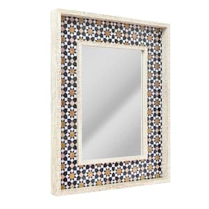 23 in. x 29 in. Geometric Tiled Print Distressed White Raised Lip Double Framed Accent Mirror