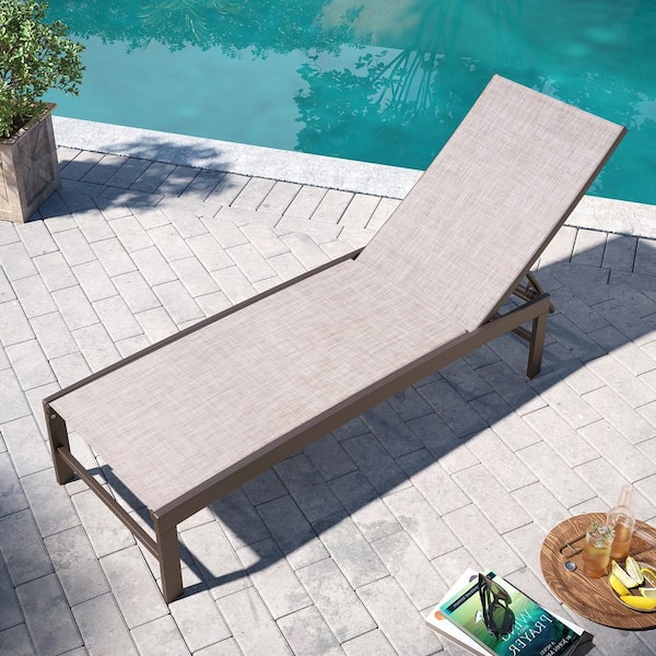 Full Flat 1-Piece Adjustable Aluminum Outdoor Chaise Lounge with Beige Textilence
