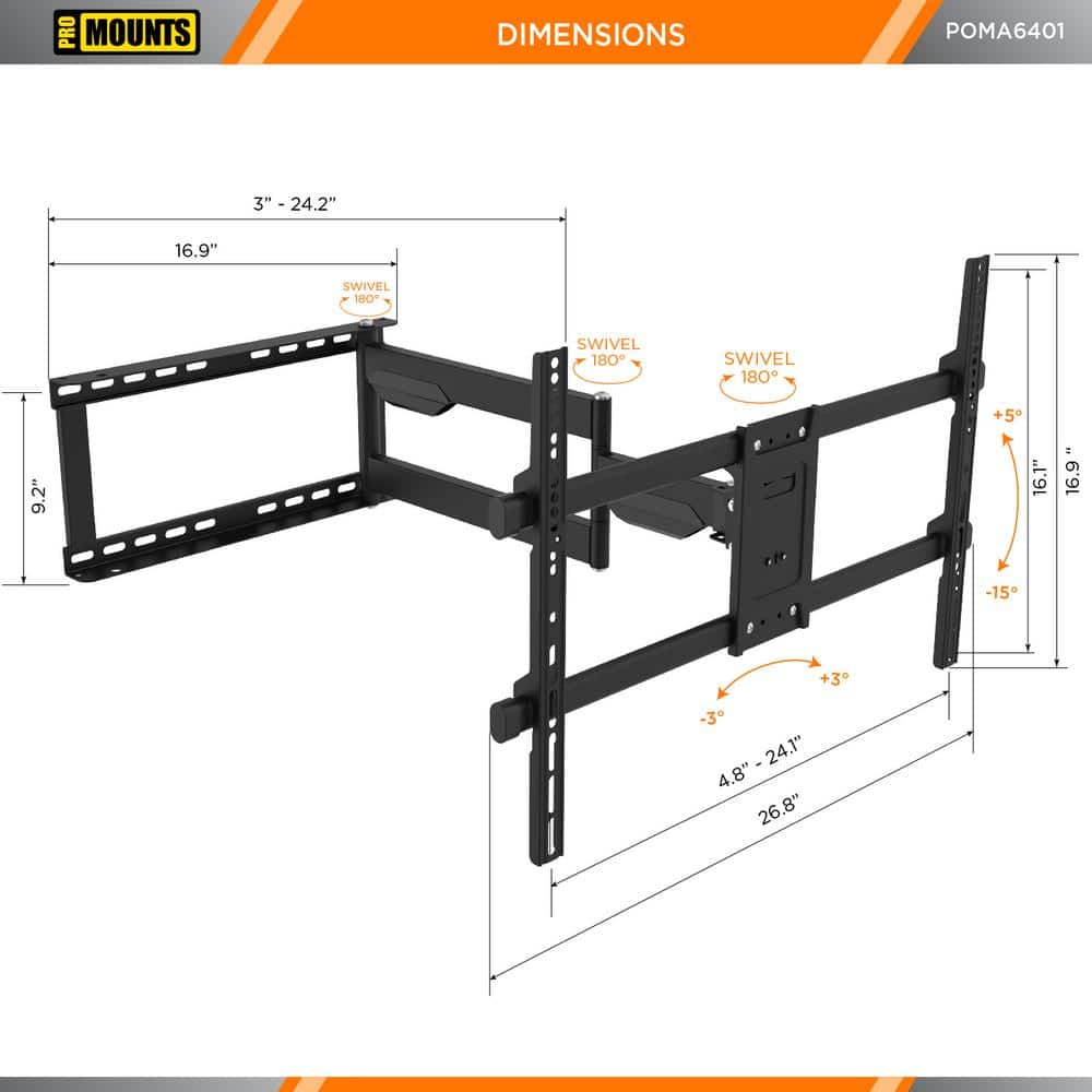 Black Full Motion Outdoor TV Wall Mount for 32"-75" Screens