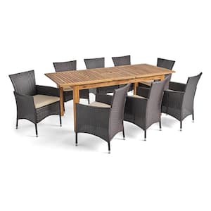 Nadia Multi-Brown 9-Piece Wood and Faux Rattan Outdoor Dining Set with Beige Cushions