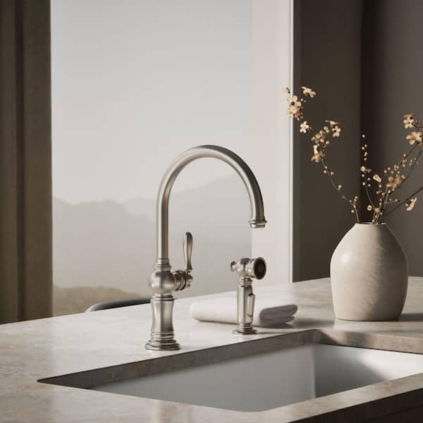 Artifacts Single-Handle Standard Kitchen Faucet with Swing Spout and Side Sprayer in Vibrant Stainless