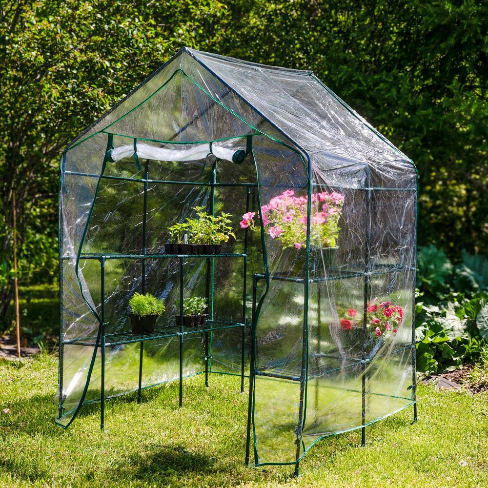 Clear PVC Walk-In Greenhouse with 4 Steel Shelves