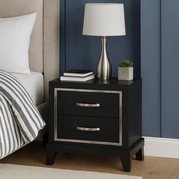 Black and Chrome 2 Drawers 23.31 in. W Nightstand with Charging Station