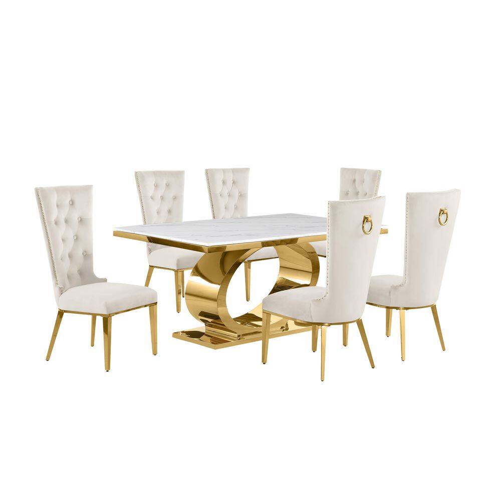 Ibraim 7-Piece Rectangle White Marble Top With Gold Stainless Steel Base Dining Set With 6-Cream Velvet Fabric Chair price history on PriceWatchPro