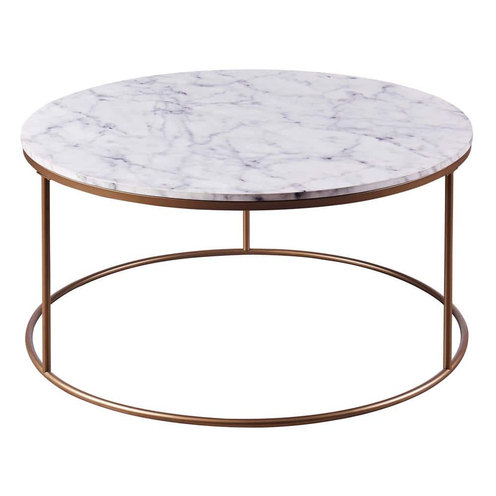 Round Faux Marble and Brass Coffee Table