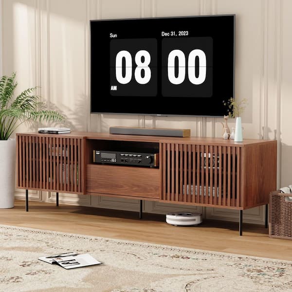 Walnut TV Stand Fits TV's up to 80 in. With 2 Slat Doors, 5 Shelves and 1 Drawer