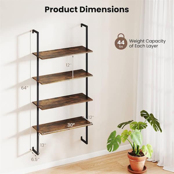 Costway 64 in. Coffee Wood 4-Shelf Ladder Bookcase Industrial Wall