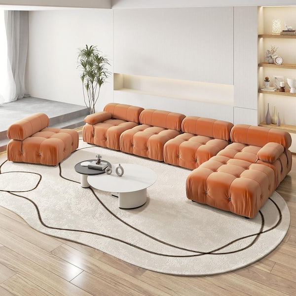 Chameleon 138 in. Square Arm 6-piece Modern Velvet Modular Combination Sectional Sofa Living Room with Ottoman in Orange