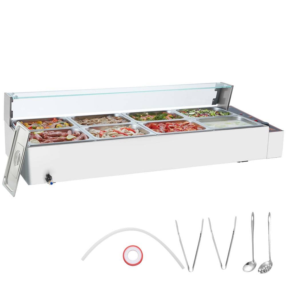 8-Pan Commercial Food Warmer, 8 x 8QT. Electric Steam Table with Glass Cover, 1700W Countertop Stainless Steel Buffet