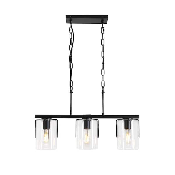 Adjustable Height 18-60 in. Black 3-Light Linear Chandelier Light with Clear Glass Cylinder Shade, E26 Bulb Not Included