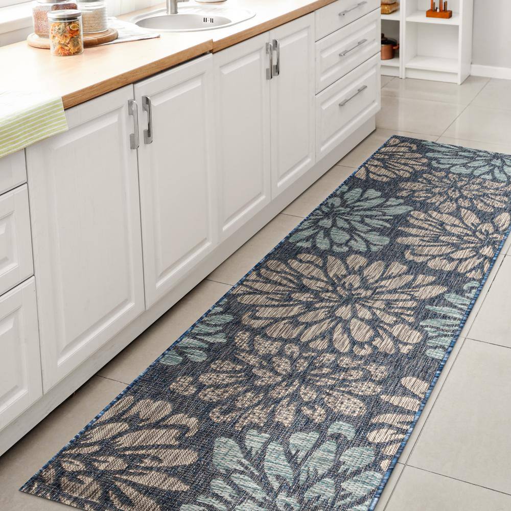 Navy and Aqua Floral Flat Woven Runner Rug