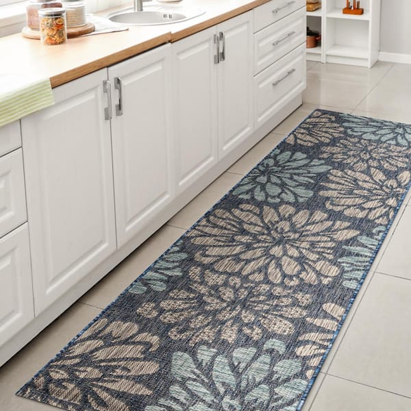 Navy/Aqua 2 ft. x 20 ft. Runner Zinnia Modern Floral Textured Weave Indoor/Outdoor Area Rug