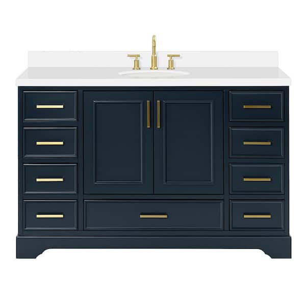Stafford 54 in. W x 22 in. D x 36 in. H Single Sink Freestanding Bath Vanity in Midnight Blue with Pure White Quartz Top