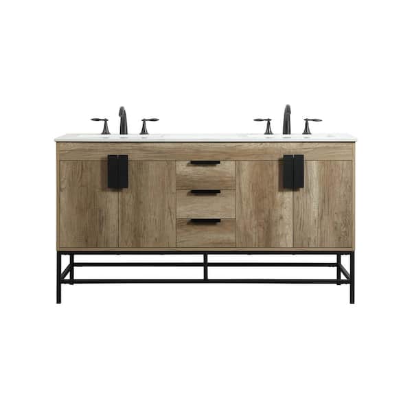 Unbranded Simply Living 60 in. W x 22 in. D x 33.5 in. H Bath Vanity in Natural Oak with Ivory White Engineered Marble Top