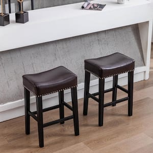 26 in. Brown Backless Wood Faux Leather Cushioned Barstools, Saddle Stools for Extension Counter (Set of 2)