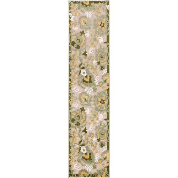 Nourison Aloha Ivory Green 2 ft. x 8 ft. Floral Contemporary Indoor/Outdoor Runner Area Rug