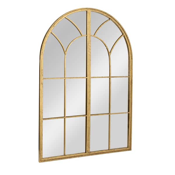 31.5 in. W x 45.5 in. H Metal Arched Windowpane Gold Wall Mirror