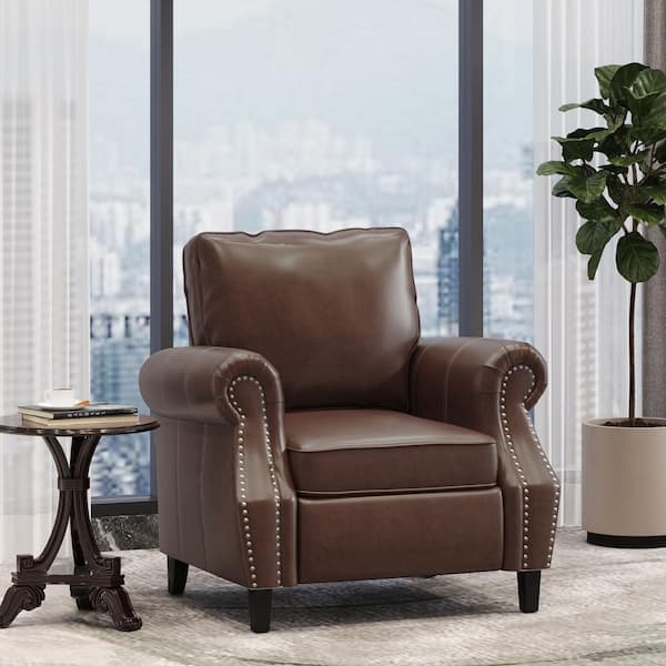 Classic Design Dark Brown Elegantly Rolled Arms PU Arm Chair with Nailhead Trim Accents