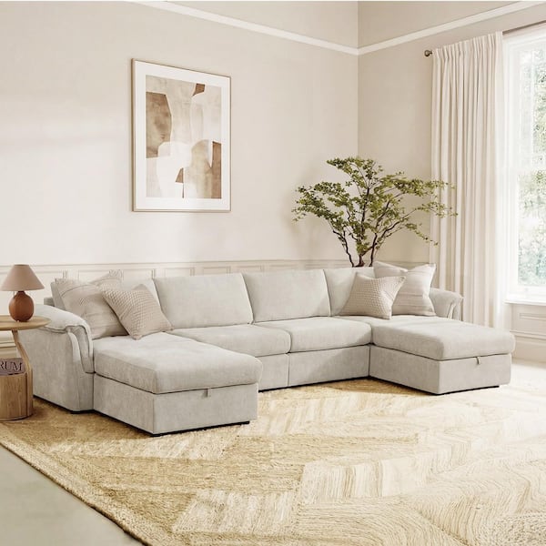 Wells 155.9 in.Fabric Modern Modular Sectional Sofa in Taupe/6PC with 2 Storage Ottoman,FSC Certified