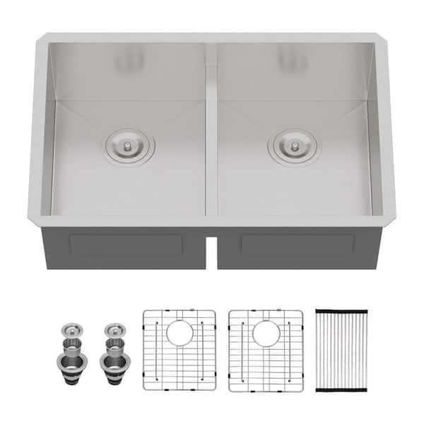 36 in. Undermount Low Divide Sink Double Bowl 50/50 16 Gauge Brushed Stainless Steel Kitchen Sink with Bottom Grid