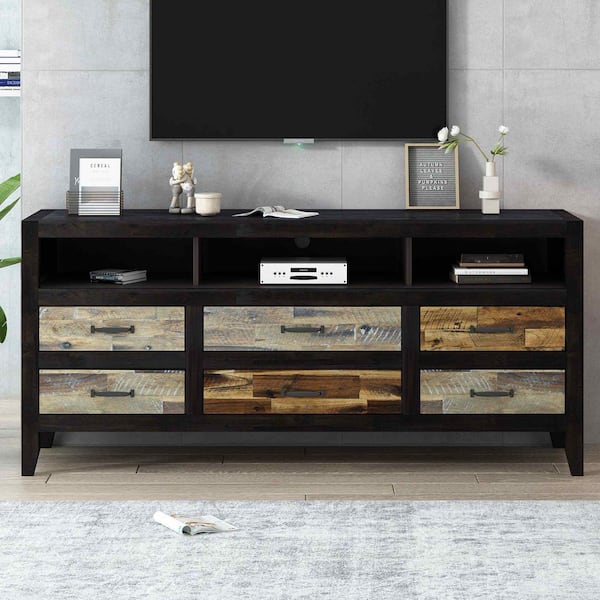 Polibi Modern Black TV Stand Fits TV's Up to 65 in. with 6 Drawers and 3 Shelves