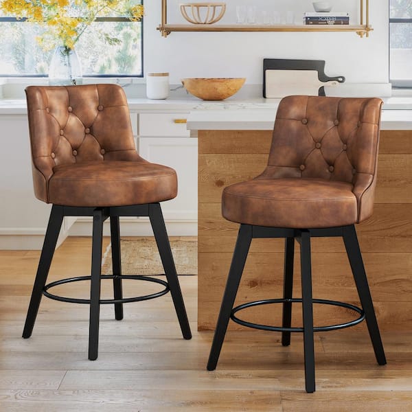 Rowland 26.5 in Seat Height Brown Faux Leather Counter Height Solid Wood Leg Swivel Bar stool（Set of 2）