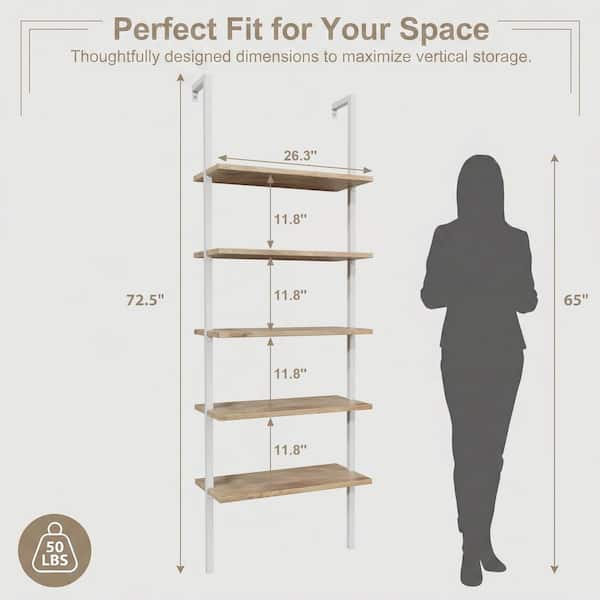 72.5 in. Tall White/Brown/Black Wood 5-Shelf Ladder Bookcase with Metal Frame, Wall-Mounted Bookcase for Living Room