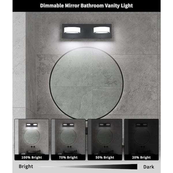 15 in. 2 Light Black LED Vanity Light with 270° Rotatable Lamphead Wall Sconce Dimmable 5500K Light
