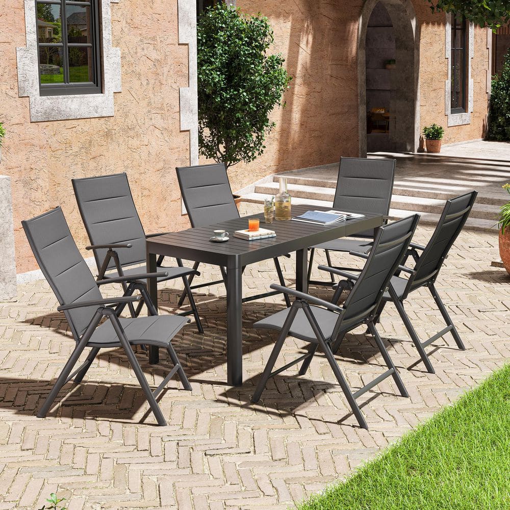 7 Pieces Aluminum Rectangular Outdoor Patio Dining Set with Expandable Table and Adjustable Folding Chairs in Gray