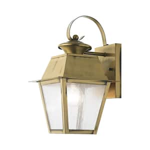 Willowdale 12.5 in. 1-Light Antique Brass Outdoor Hardwired Wall Lantern Sconce with No Bulbs Included