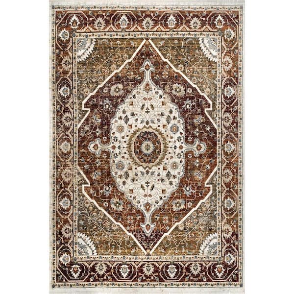 nuLOOM Jaime Beige 7 ft. x 10 ft. Traditional Medallion Fringe Indoor Area Rug