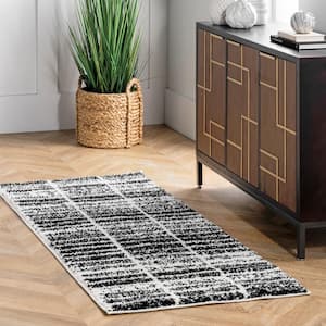 Celyn Distressed Stripes Cozy Shag Black and White 2 ft. 6 in. x 6 ft. Indoor Runner Rug