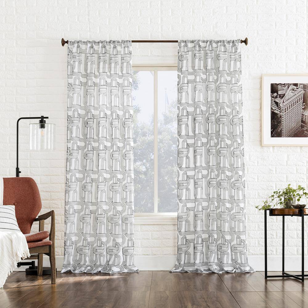 Black and White Sheer Embroidered Rod Pocket Curtain Panel, 50" x 84"