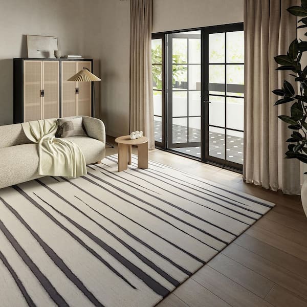 Frenshe Interiors Studio Striped New Zealand Wool Ivory 10 ft. x 14 ft. Indoor/Outdoor Patio Area Rug