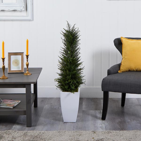 Nearly Natural 3.5 ft. Cypress Artificial Tree in White Metal Planter ...