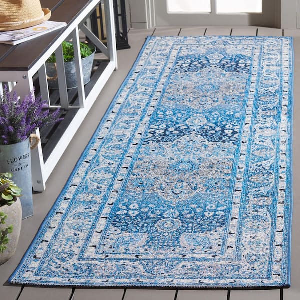 Barbados Blue/Ivory 3 ft. x 8 ft. Ornate Border Medallion Indoor/Outdoor Runner Rug