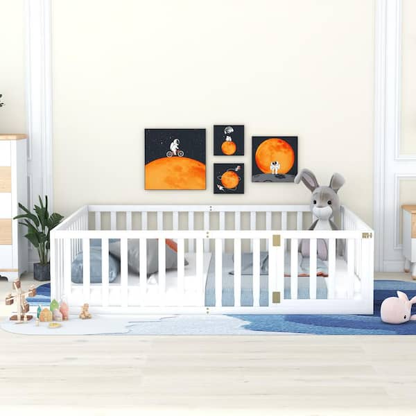 Queen Size Wood Daybed Frame with Fence, Queen Floor Bed with Door for Toddlers Kids, Box Spring Needed, White