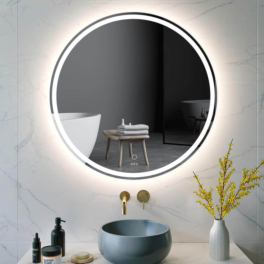 KWW 32 in. W x 32 in. H Large Round Frameless Dimmable Anti-Fog Wall Bathroom  Vanity Mirror in Silver KWW2031-32 The Home Depot