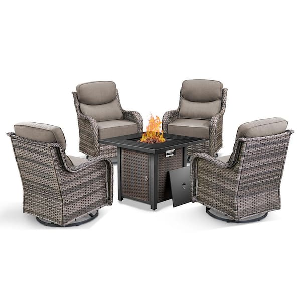 5-Piece Wicker Outdoor Patio Fire Pit Set with CushionGuard Gray Cushions