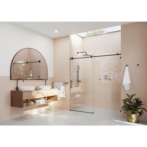 Glass Warehouse 64 in. - 68 in. x 78 in. Frameless Sliding Shower Door in Matte Black with Handle
