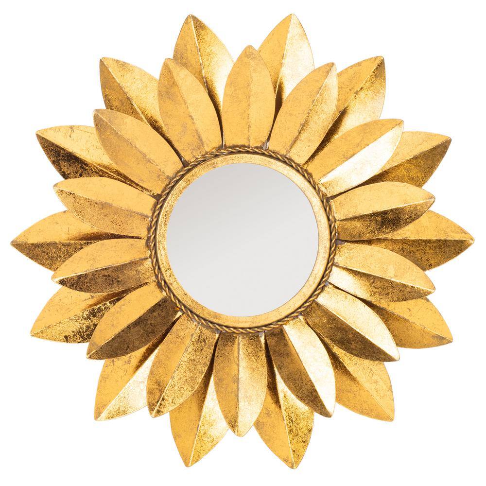 Gold Sunburst Round Mirror with Wood Frame