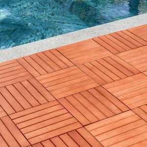 12 in. x 12 in. Square Eucalyptus Stripe Interlocking Flooring Garage Wooden Deck Tiles Reddish Brown Patio(Set of 10)