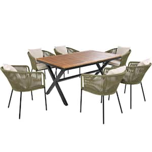 Patio 7 Piece Metal Outdoor Dining Set, Acacia Wood Top Dining Table and Rope Weaving Chairs with Beige Cushions