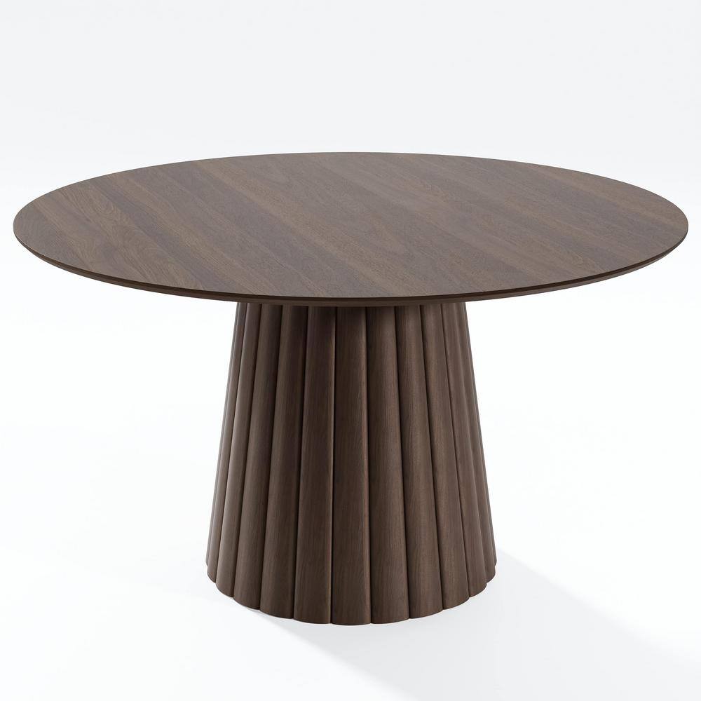 52 in. Wood Walnut Color Column Pedestal Round Kitchen Table Dining Table Seats 4