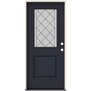 36 in. x 80 in. Left-Hand 1/2 Lite Harris Decorative Glass Black Painted Fiberglass Prehung Front Door with Brickmould