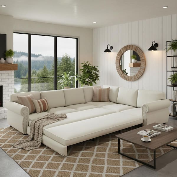 Homy Casa HULU 118 in. Alabaster White Rivet Chenille Upholstered