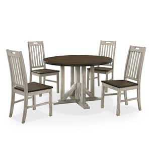 Bernavich 5-Piece Round Wood Top Dark Oak and Antique White Dining Table Set